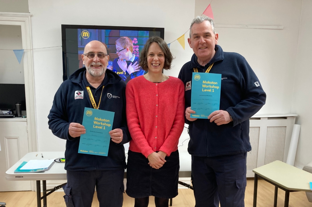 Chris and John with tutor Emily and their Makaton certificates