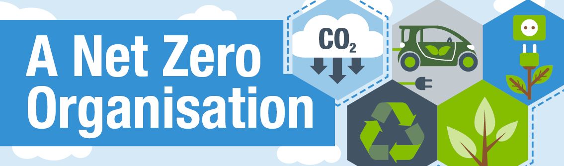 A carbon neutral organisation banner with eco friendly themed icons