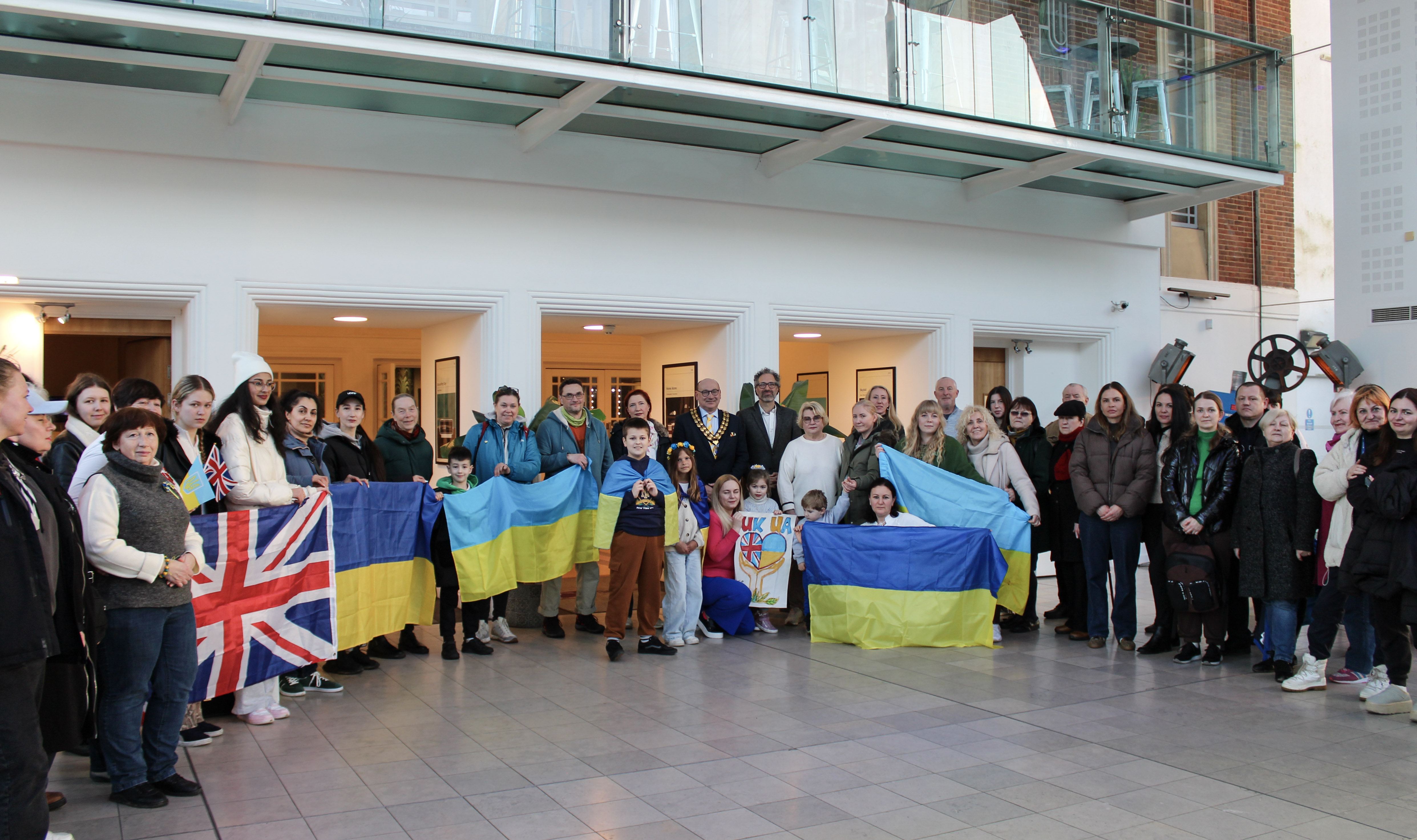 Group of Ukrainian families with Chairman Cllr Emery and Cllr Raby