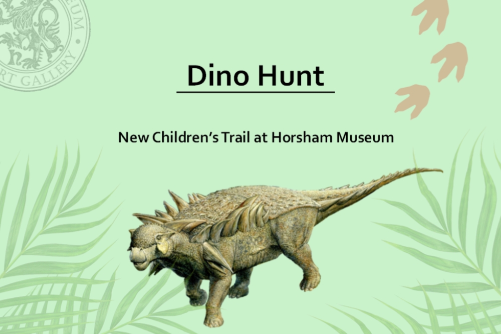 Image of a spiny dinosaur with the words Dino Hunt, New Trail at Horsham Museum