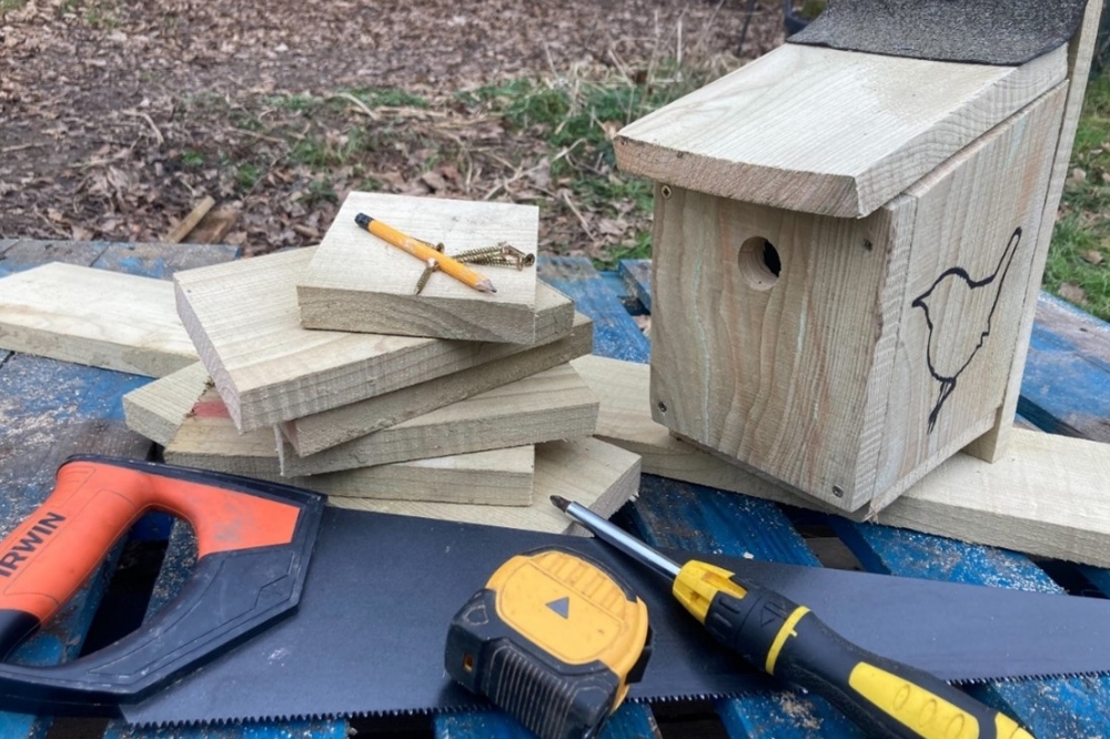 A selection of wooden bird box making materials and tools