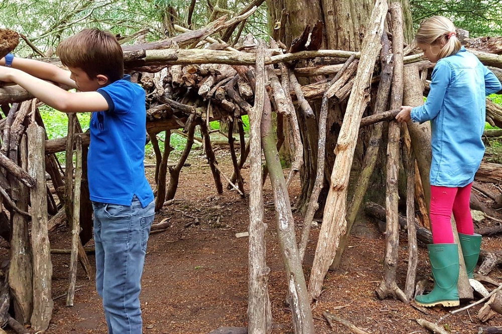 Two children building a den structure using small branches in a woodland setting