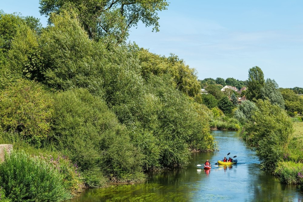 View of the River Arun taken by Toby Phillips Photography. Photograph shows a length of the river in summer with a lush green bank. A small group are paddling in orange and yellow kayaks. 